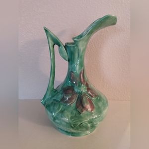 Vintage Clematis Flower Ewer Pitcher Vase Glazed Pottery Ceramic